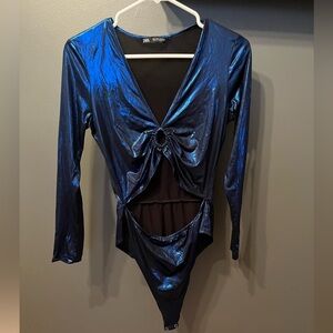 NEW ZARA metallic blue cut out bodysuit S goth, club, sexy, New Years Eve